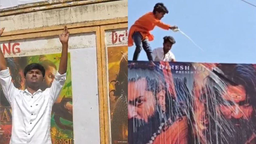 Chhaava Fever: Fans Chant Slogans, Break Coconut & Pour Milk On Vicky Kaushal’s Giant Sambhaji Poster Outside Theatre In Hyderabad