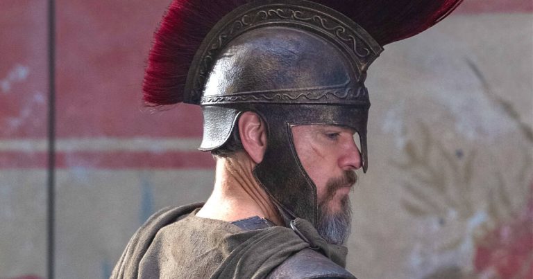 The first look at Matt Damon as Odysseus for Christopher Nolan’s The Odyssey stands ready for battle